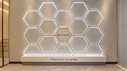 Modern geometric wall design with hexagonal patterns, balanced lighting and motivational text in a contemporary interior space