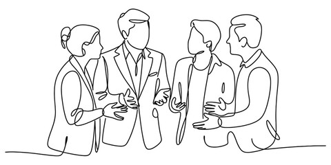 Continuous line art drawing of four business colleagues engaged in a discussion. Vector, illustration