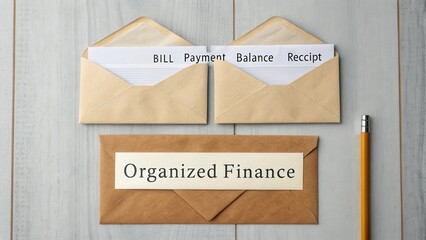 Organized finance documents in envelopes with categorized sections for bills, payments, balances, and receipts on wooden table