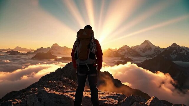 Spectacular Sunrise View of a Hiker on a Mountain Peak.