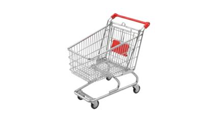 A shopping cart with red handle is shown empty on a white background indoors.