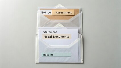 Organized envelopes with labeled documents representing financial statements, assessments, and receipts for neat filing