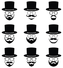 Vintage gentleman icons top hat, glasses, beard and mustache styles. vector set of mustaches