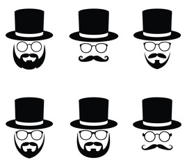 Dapper gentleman silhouettes with top hat and facial hair icons. vector set of hats
