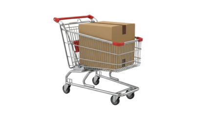 Shopping cart filled with cardboard boxes viewed from a high angle on a white background, representing retail and commerce concepts.