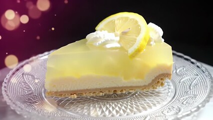 Elegant Lemon Cheesecake Slice Resting on a Crystalline Plate with Soft Bokeh and Lemon Garnish