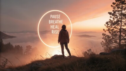 Serene Silhouette at Sunrise Over Foggy Valley with Inspirational Words of Motivation for Personal Growth and Reflection