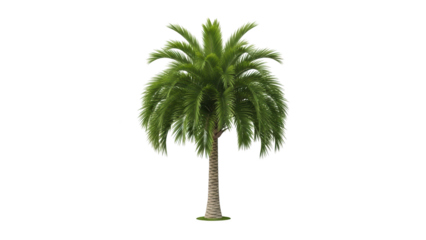 A solitary palm tree stands tall against a plain white background, its lush green leaves spread out in a vibrant display of natural beauty.