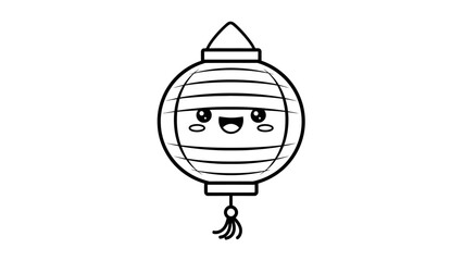 Cute kawaii style Chinese lantern with a happy face, black and white outline drawing.