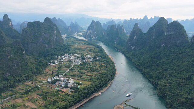 Li River(Li Jiang, 漓江) and Yangshuo(阳朔) Karst Mountains Aerial View, Guilin, China