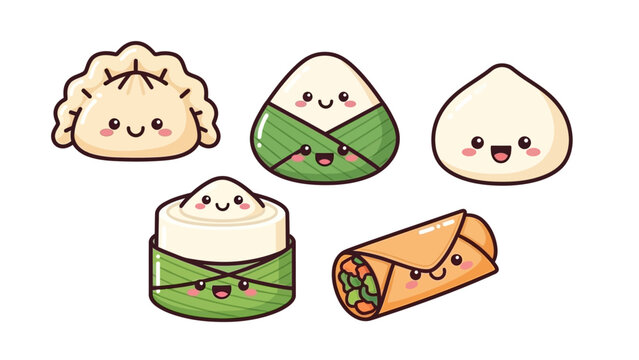 Cute cartoon Asian food items with smiling faces, including a dumpling, zongzi, baozi, and spring roll.