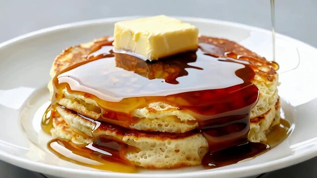 Close Up Stack Of Pancakes With Syrup And Butter.