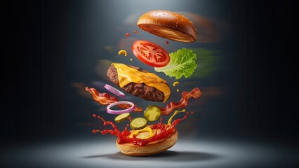 Classic Burger Ingredients Flying Apart In High Energy Advertising Composition