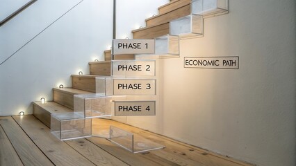Transparent steps leading upwards with phases labeled, symbolizing growth and progression on an economic path concept