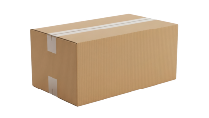 A brown cardboard box with white tape on a plain background is shown closed.