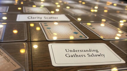 Unique Board Game Cards on Wooden Table with Soft Lighting and Inspirational Messages for Creative Play and Engagement