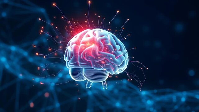 Flying inside Artificial Intelligence Digital Brain bid Data. Illustration of thinking process. Future technology animation, AI deep learning computer machine. 3d render