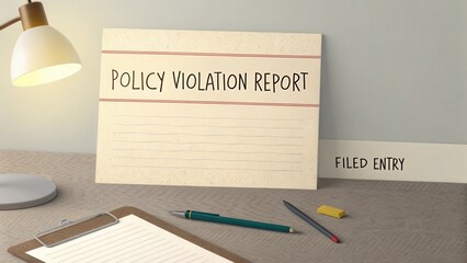Policy Violation Report Document with Clipboard on Desk in an Office Environment for Business Management and Compliance