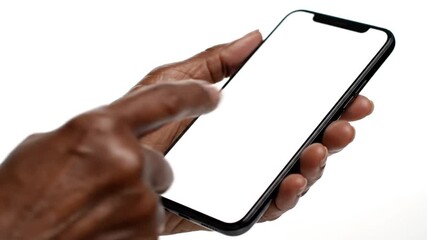 Isolated close-up: an adult hand holds a modern smartphone with a blank white screen against a white background. Offers ideal copy space for app mockups, tech ads, demonstrating digital connectivity o - Powered by Adobe