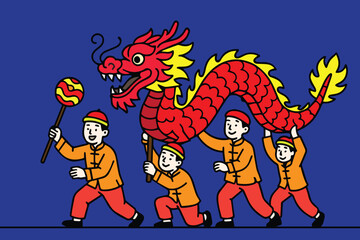 A cute vector illustration shows a group of young people performing a lion dance together, celebrating Lunar culture with joyful expressions, vibrant movement, teamwork, and festive spirit.