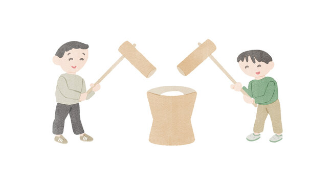 餅つきをする子供たちのイラスト