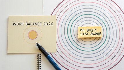 Work-Life Balance Planning Concept for 2026 with Focus on Mindfulness and Awareness in Circles and Sticky Notes