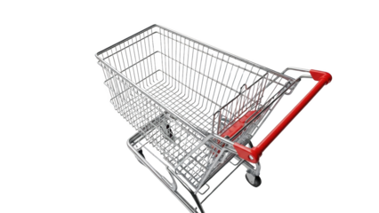 An empty shopping cart with red handle is viewed from above against a white background.
