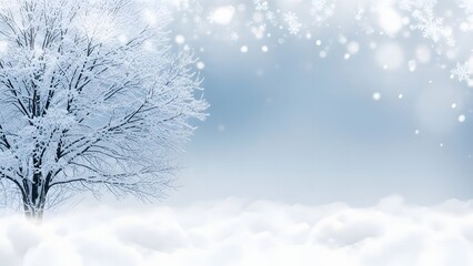 Fototapeta premium Snowy landscape with frosted tree and falling snowflakes