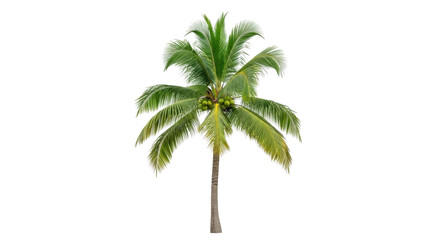 Fototapeta premium A tall coconut palm tree stands isolated against a white background, showcasing its lush green fronds and vibrant coconuts in a serene environment.