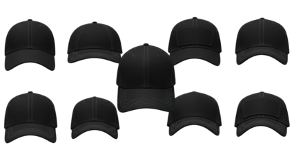 Collection of black baseball caps arranged in a circular pattern around a central cap.