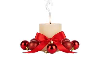 A serene white candle adorned with red ornaments and ribbon, symbolizing festive ambiance and warmth in a holiday setting, viewed from the front.