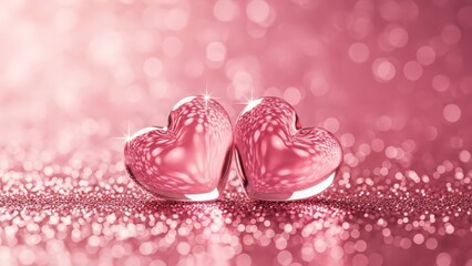 Shiny pink heart shaped Valentine's Day decorations on sparkly background