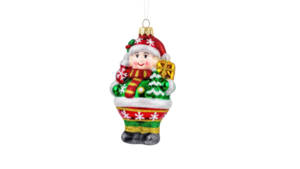 A hanging Christmas ornament depicts Santa Claus holding a tree.