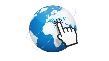 A large hand cursor clicks on a blue and white globe with orbiting lines around it.