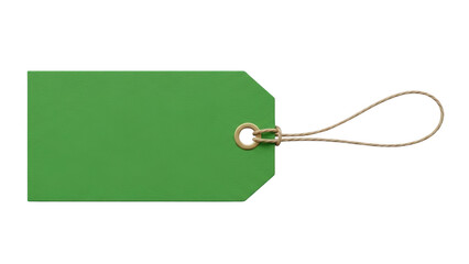 A green tag with a string is shown on a white background for labeling purposes clearly.