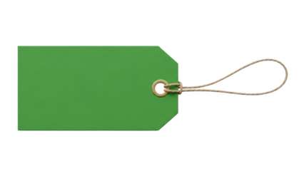 A green tag with a string is shown on a white background for labeling purposes clearly.