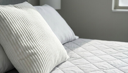 Clean and minimal bedroom interior with white pillows and a quilted bed cover