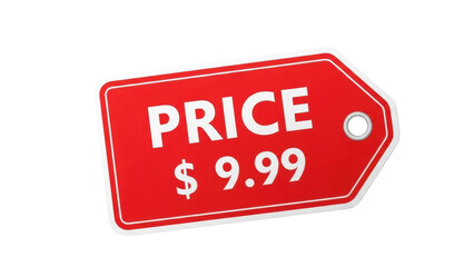 A red price tag with a prominent price displayed on it against a clean white background