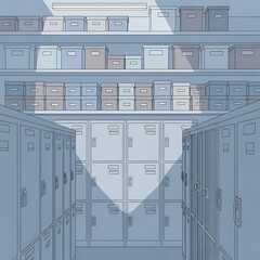 Storage Room with Lockers and Boxes on Shelves Illustration.
