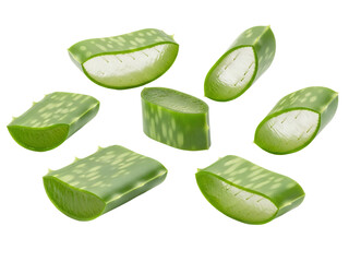 Fresh set of aloe vera slices isolated on white background