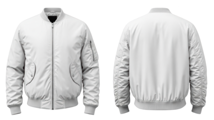 Front and back views of a white bomber jacket displayed against a plain background, showcasing its design and features clearly.