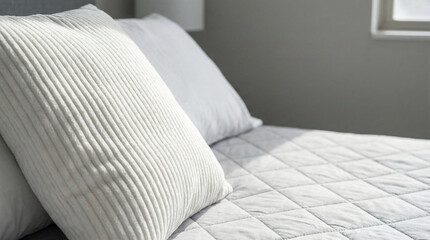 Clean and minimal bedroom interior with white pillows and a quilted bed cover