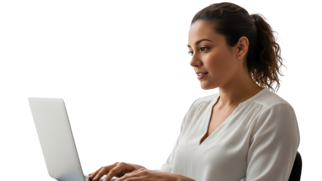 Young woman working on laptop with focused expression in a professional environment from a side view. - Powered by Adobe