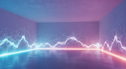 Vibrant Energy Display: Inside a minimalist, the scene pulsates with electrifying energy. Brilliant neon streaks trace the contours of the space, creating a dynamic visual narrative