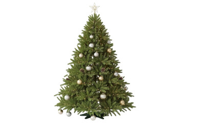 Fototapeta premium A decorated Christmas tree stands alone adorned with ornaments and a star on top in a plain white environment.