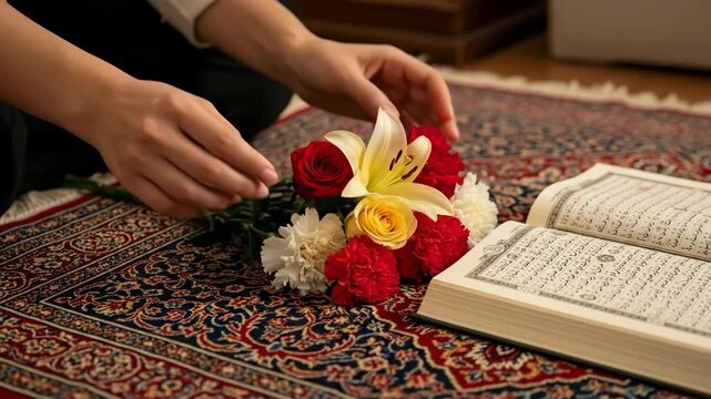 Hands gently hold a bouquet of flowers next to an open book with script on a rug