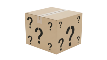 A cardboard box with numerous question marks on its surface is shown from an angled perspective.