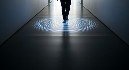 Navigating the Digital Frontier: A solitary figure strides confidently across a floor illuminated by a digital circle, symbolizing forward motion, innovation.