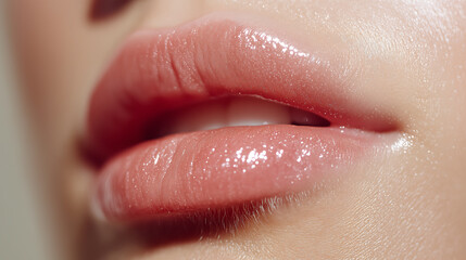 Fototapeta premium Cloud Dancer Beautiful Glossy Pink Lips Macro Close-up with Subtle Sparkle and Healthy Skin Colour of the Year 2026