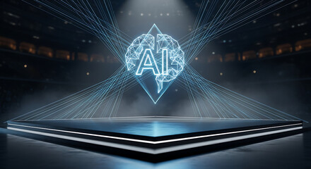Artificial Intelligence Showcase: A futuristic stage illuminated with the glowing outline of a brain and AI, beams of light emanating outward, hinting at the vastness of innovation